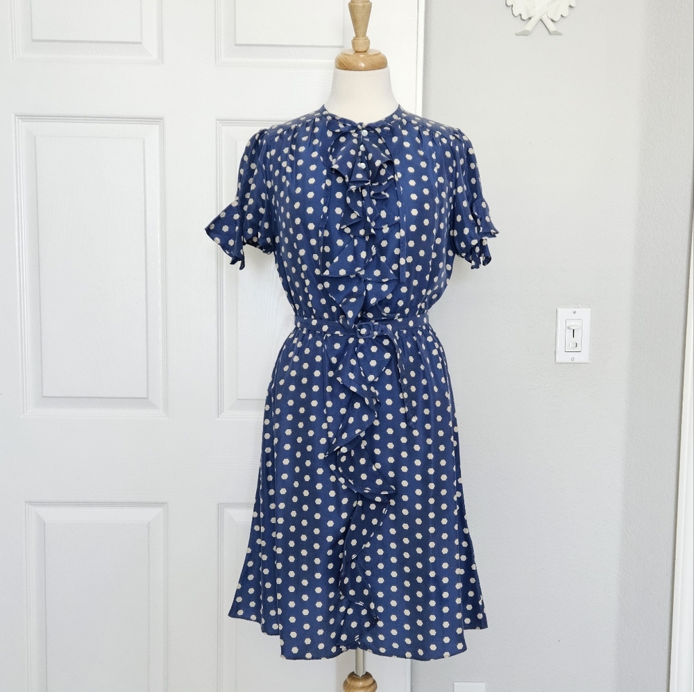 Anthropologie Polka Dot Blue Silk Vintage Style Short Sleeve Dress with Ruffles